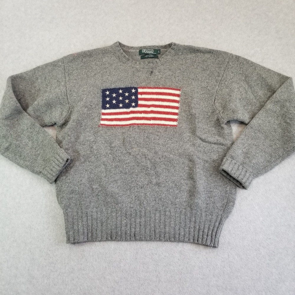 Vintage Polo Ralph Lauren Sweater Boys Large Gray Wool Knit US American Flag 90s